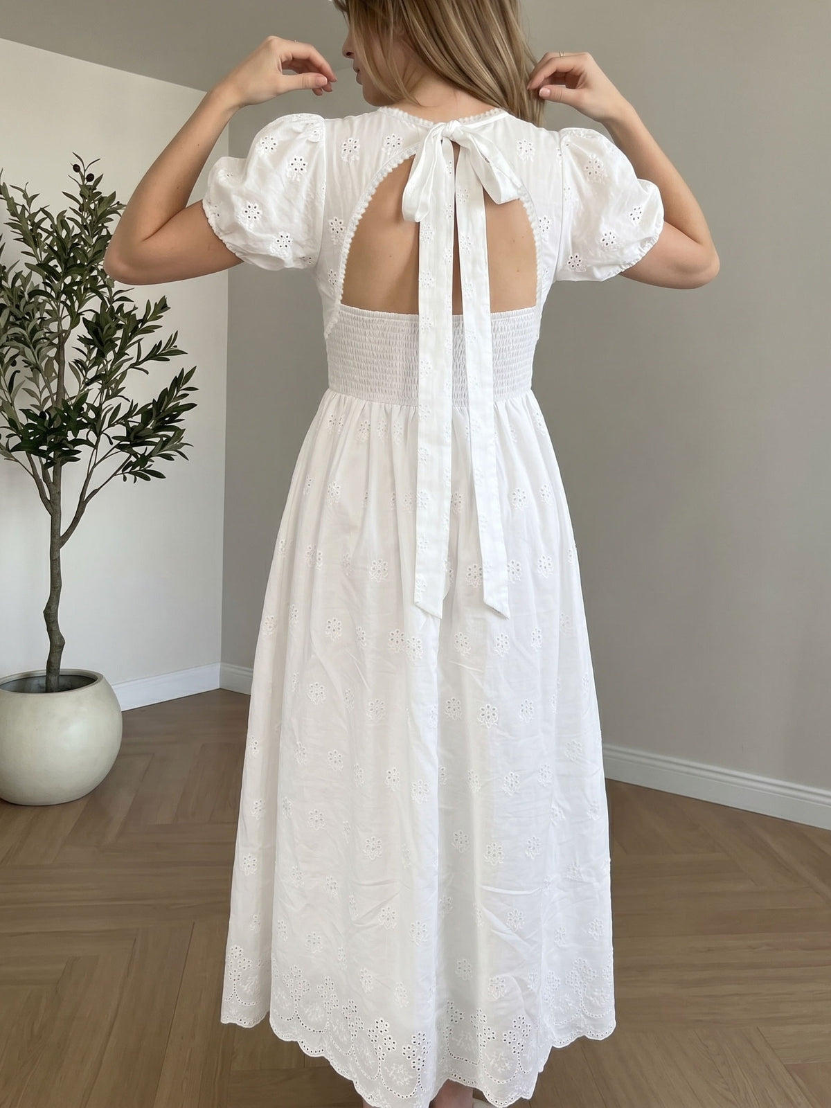 Eyelet Embroidered Round Neck Puff Sleeve Smocked Waist Open Back Bow Tie A-Line Midi Dress - White