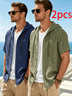 Men's 2pcs Short-Sleeve Hoodie Shirt, Regular Fit, Lightweight Open Cardigan, Vacation Casual Top - Navy Blue + Green