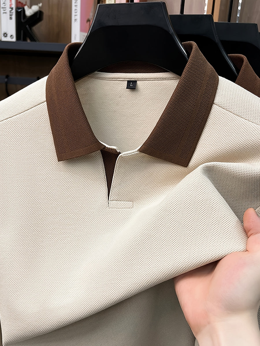 Men's Long-Sleeve T-Shirt, Color-Block Lapel Casual Tee, New Versatile Top for Spring and Autumn - Apricot
