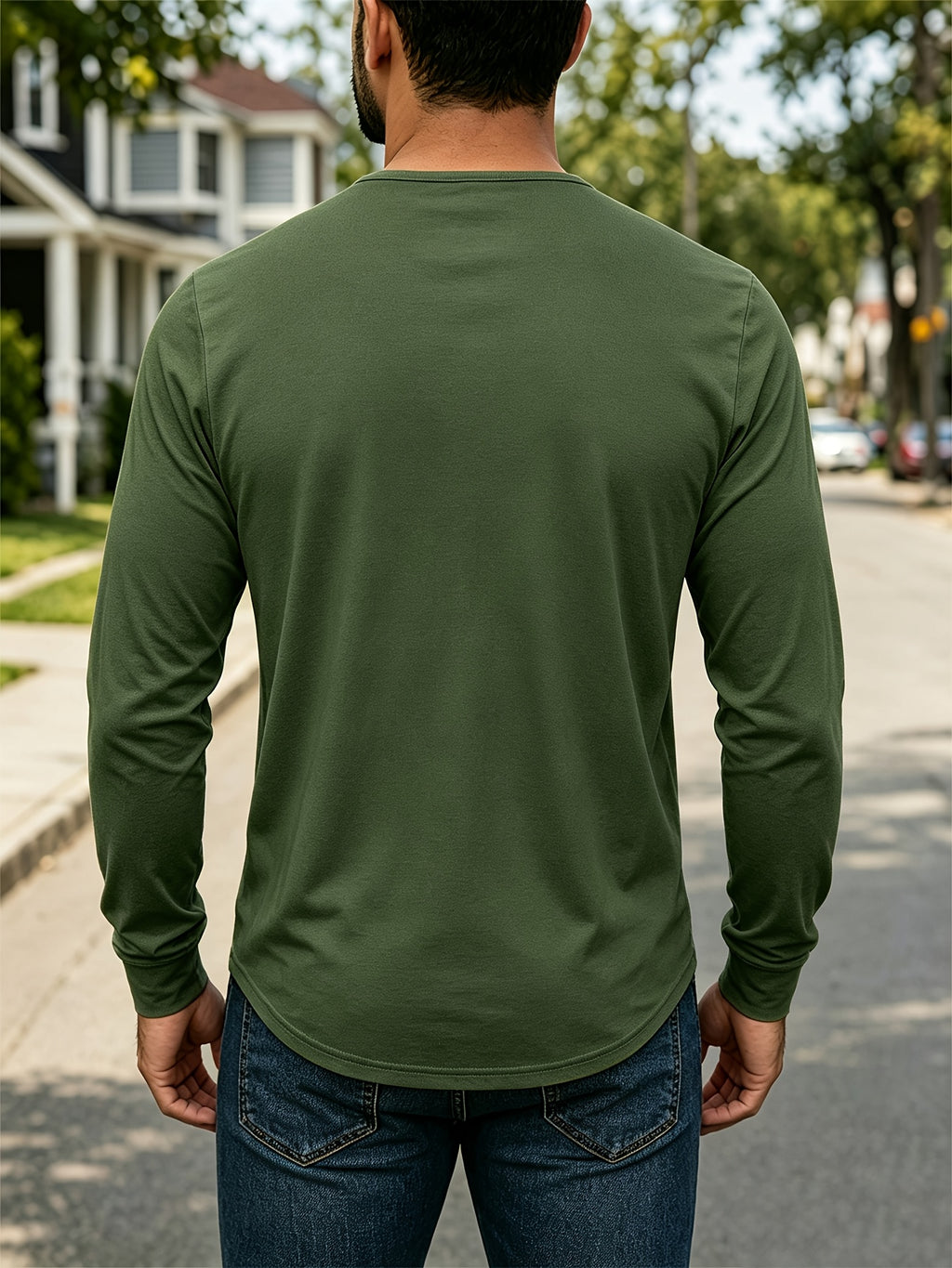 4pcs Set of Men's Spring, Autumn, and Winter Henley Neck Long-Sleeve T-Shirts, Breathable Vintage Casual Solid Color Half-Open Collar Tops, Comfortable and Versatile Base T-Shirts, Suitable for Daily Commuting, Light Business, Home, Sports - Black + Green + Khaki + Blue