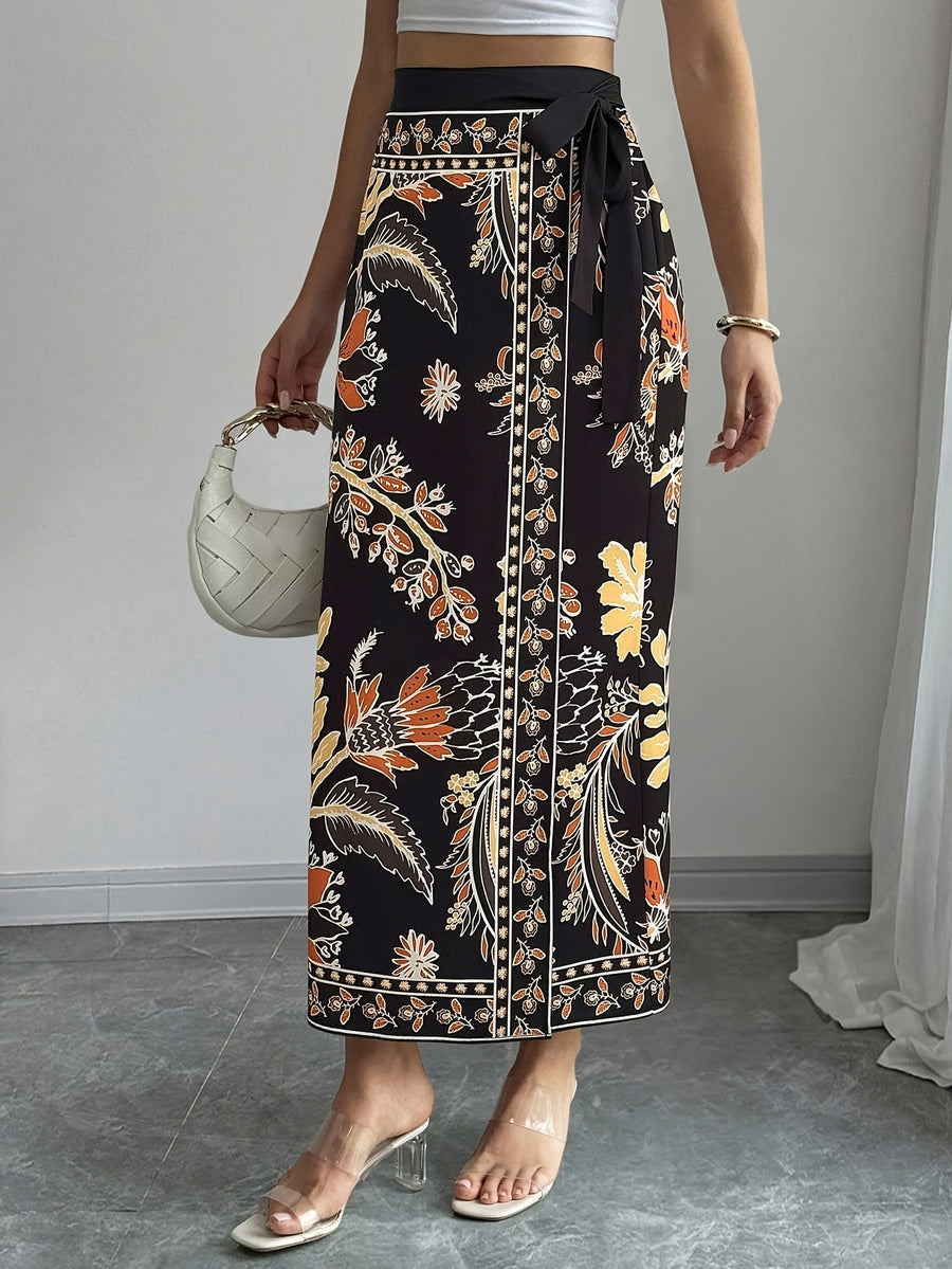 Women's Elegant Floral Print Wrap Tie Straight Skirt, Vacation Style - Black