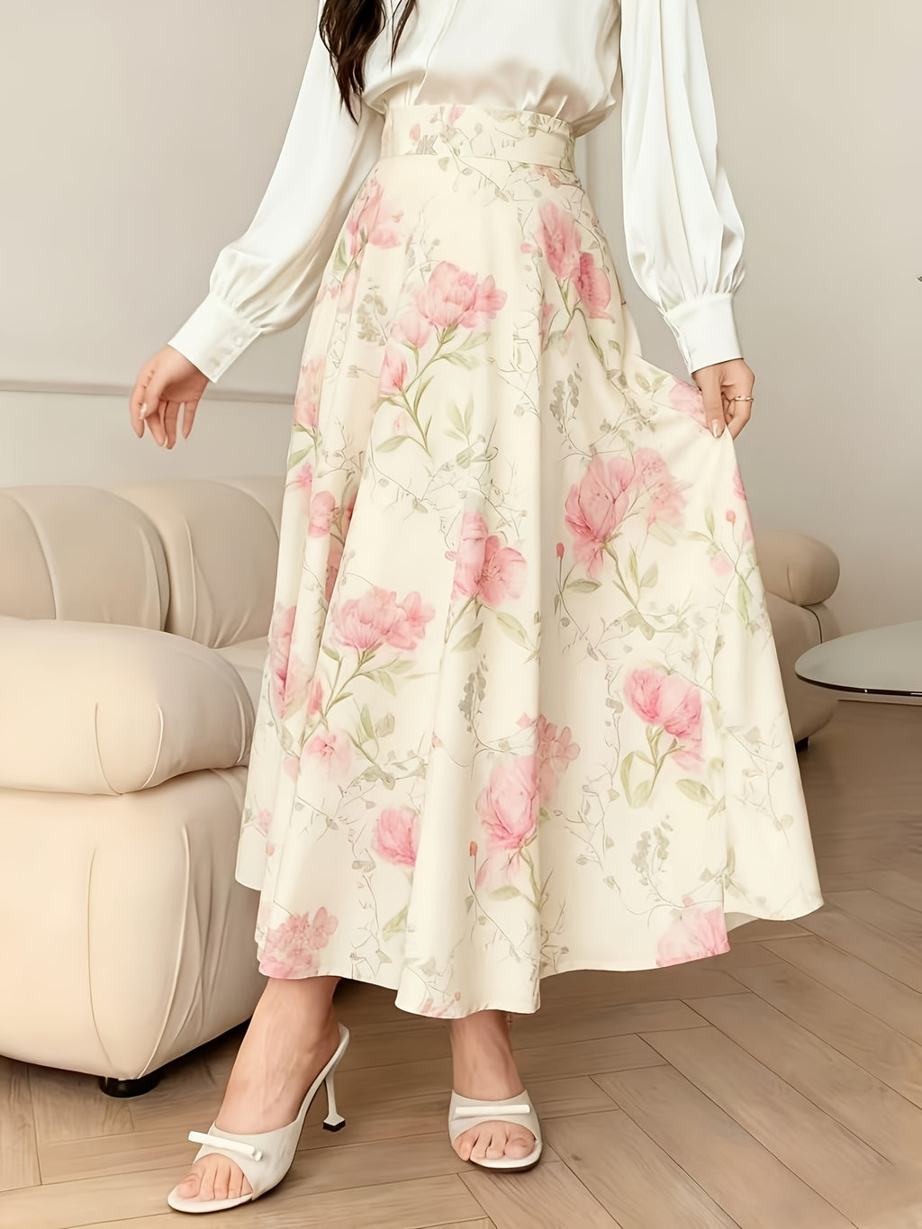 Women's A-Line Skirt with Fashionable Print LL256 - Pale Pinkish Gray