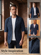 Original Designed Men's Dark Blue Crackle Hand-Washed Denim Blazer for Spring & Original Crackle Washed Denim Blazer, Men's Single Button Lapel Mid Sleeve Slim Fit Jacket with Contrast Stitch Pockets, Business Casual Layerable Outerwear - Navy Color