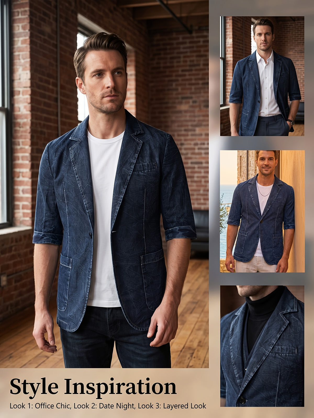 Original Designed Men's Dark Blue Crackle Hand-Washed Denim Blazer for Spring & Original Crackle Washed Denim Blazer, Men's Single Button Lapel Mid Sleeve Slim Fit Jacket with Contrast Stitch Pockets, Business Casual Layerable Outerwear - Navy Color