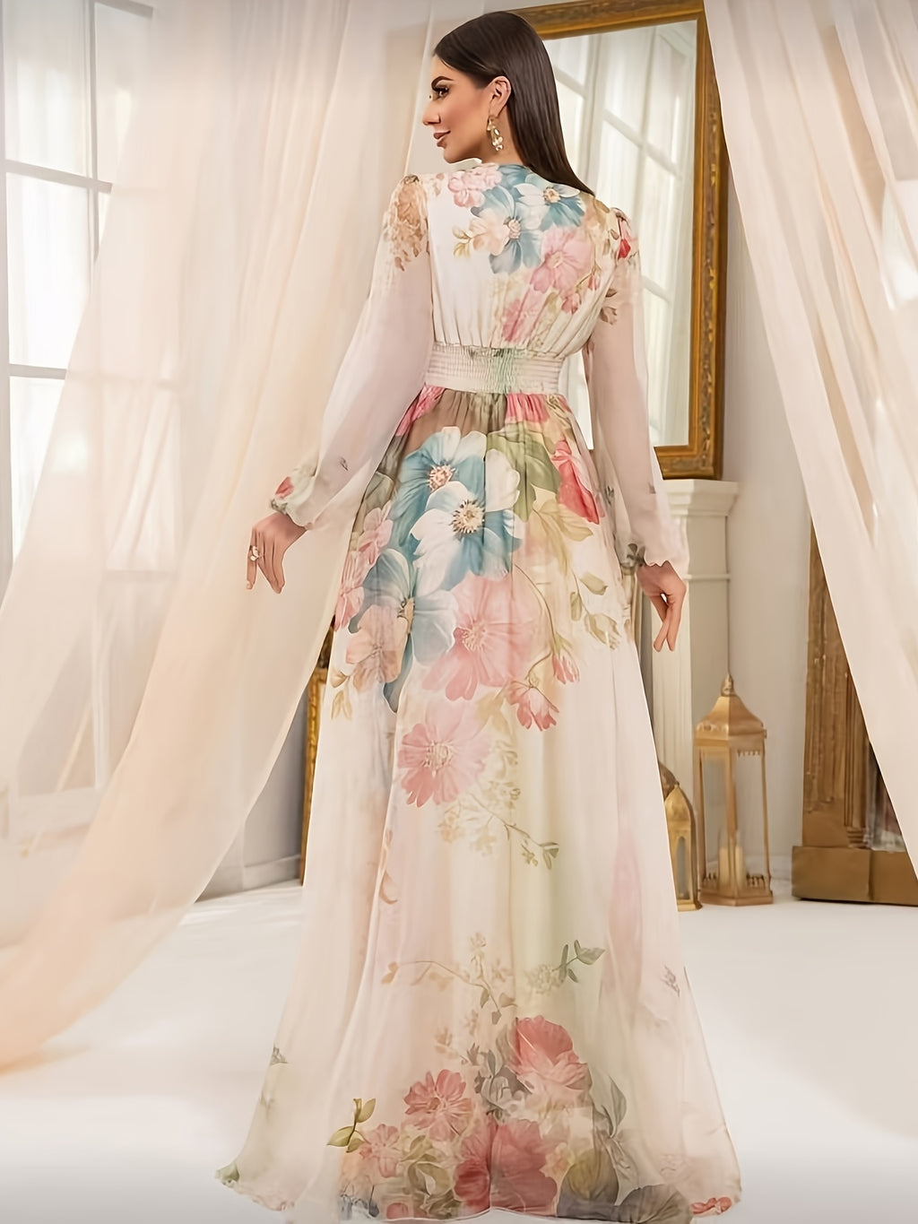 Women'S Cross V-Neck Trendy Lantern Sleeve Floral Print Elegant Dress with Waist Cinched Flared Long A-Line Skirt - Multicolor