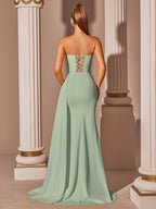 Women's Elegant High-Waisted Slit Long Ribbon Backless Tie Dress for Graduation Party - White Green