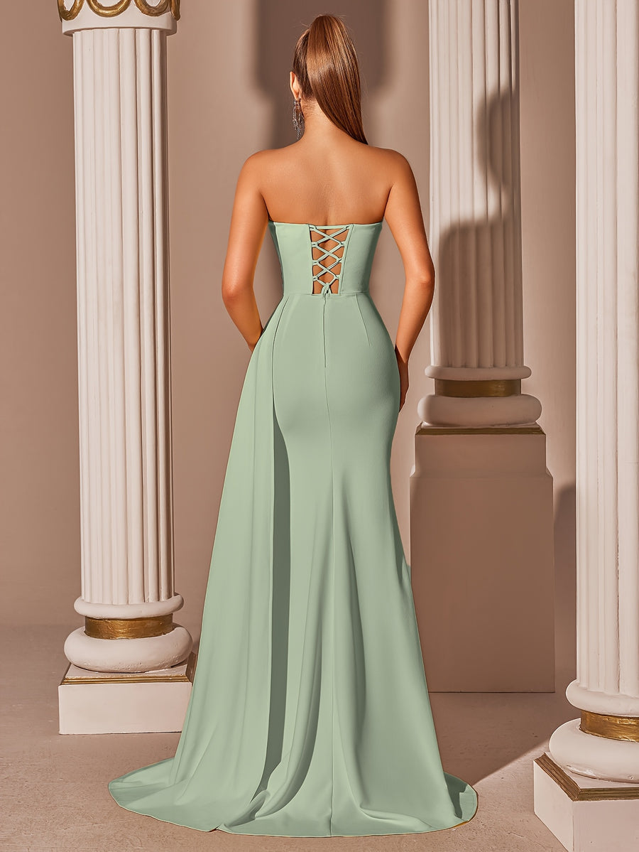 Women's Elegant High-Waisted Slit Long Ribbon Backless Tie Dress for Graduation Party - White Green