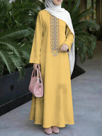 New Middle Eastern Style Muslim Elegant Robe, Bright Ginger Yellow Base with Vertical Long Striped Ethnic Floral Digital Print Women'S Long Sleeve Robe, Non- Craft, Easy Solid Color Skirt, Loose Full Skirt Conservative Cut, Full of Atmosphere - Mixed colors