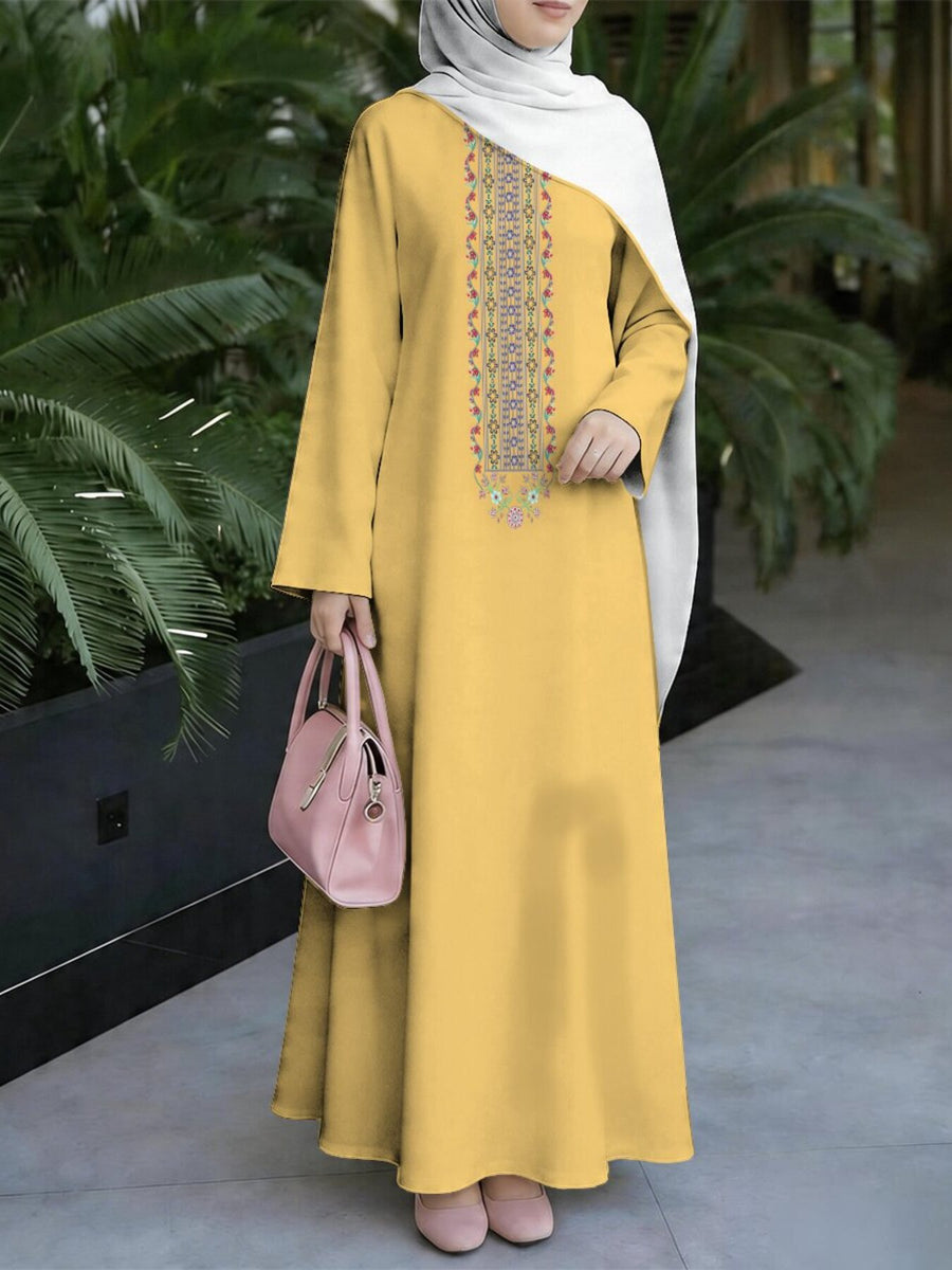 New Middle Eastern Style Muslim Elegant Robe, Bright Ginger Yellow Base with Vertical Long Striped Ethnic Floral Digital Print Women'S Long Sleeve Robe, Non- Craft, Easy Solid Color Skirt, Loose Full Skirt Conservative Cut, Full of Atmosphere - Mixed colors