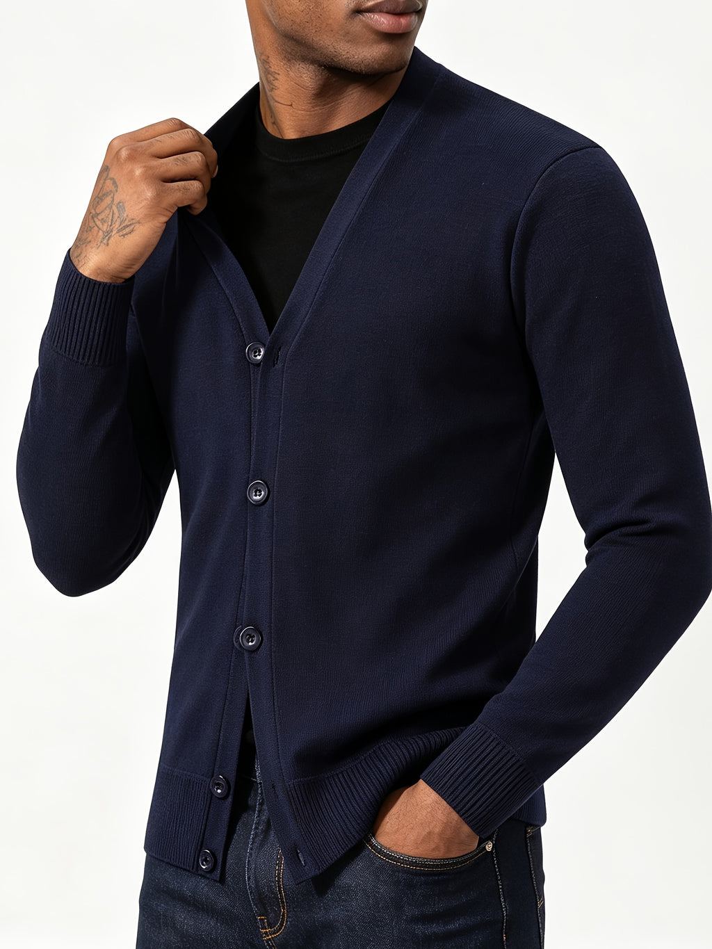 Men's -Lined Knit Cardigan, Autumn/Winter V-Neck Button-Up Warm Sweater Coat, Loose Fit Casual Thickened Outerwear Top - 10301-8971 Navy Blue