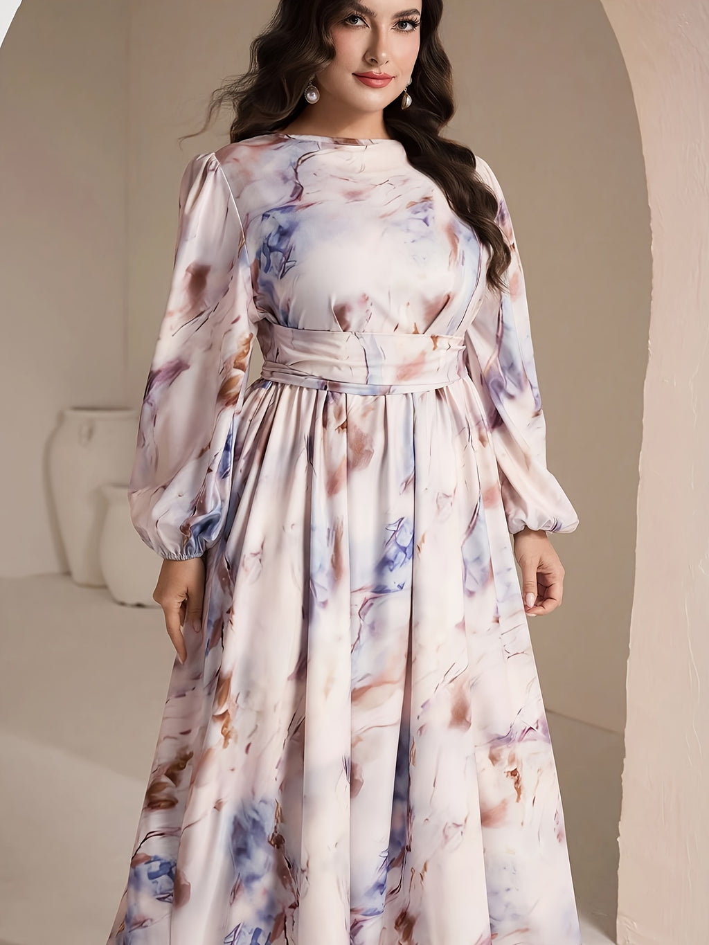 Plus Size, 2025 New Four Seasons Elegant Crinkle Floral Print Loose Fit Plus Size Dress - Multicolor
