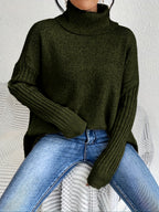 New Autumn and Winter Women's Casual Long Sleeve High Neck Pullover - Dark Green