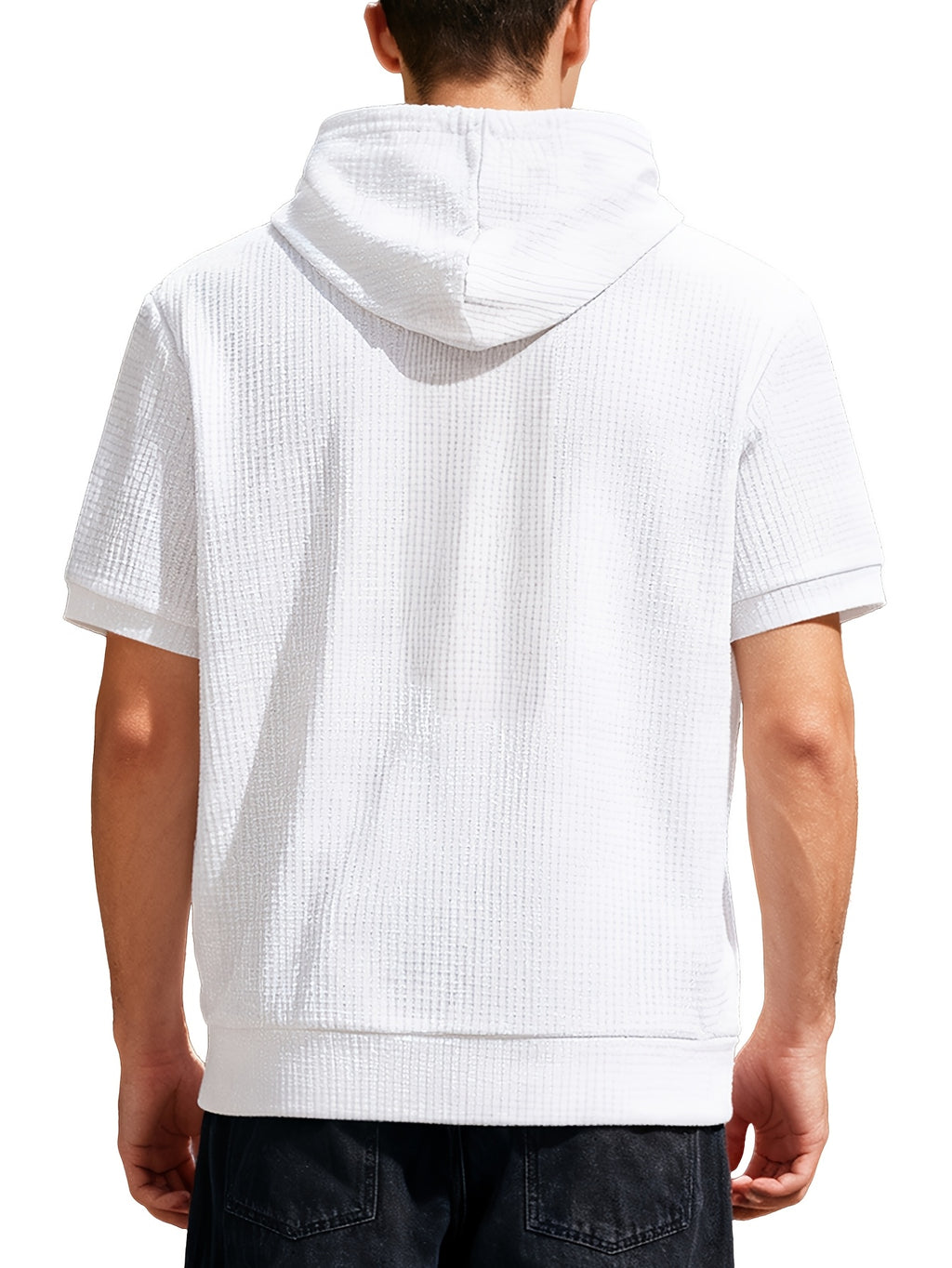 Men's Waffle Knit Short Sleeve Hoodie - Lightweight Breathable Pullover with Contrast Striped Kangaroo Pocket & Hooded Suitable for Spring Summer Fall Layering, Casual Streetwear Gift for, Husband, Boyfriend - White