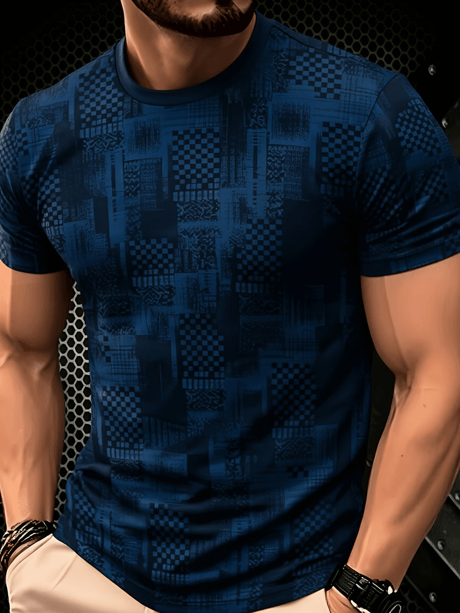 2026 Men'S All-Match Breathable Comfortable New Casual Top, Black Gray Blue Plaid Patchwork Print T-Shirt, Men'S Round Neck Short Sleeve Business Casual Top, Low-Key Premium, Plaid Patchwork, Abstract Lines, Dark Tone Texture, Daily Casual Wear - Style 8