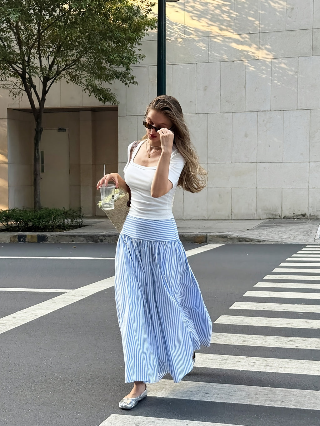 Women's Vacation Striped Fashionable Versatile Zipper Skirt - Blue And White