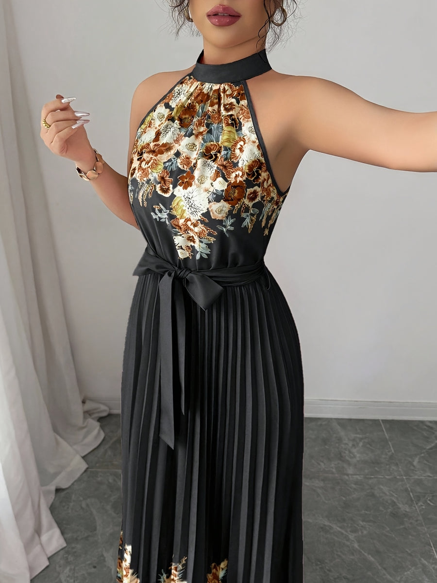Fashionable New Women'S Summer Halter Floral Print Pleated Dress - Black Bottom Coffee Flower