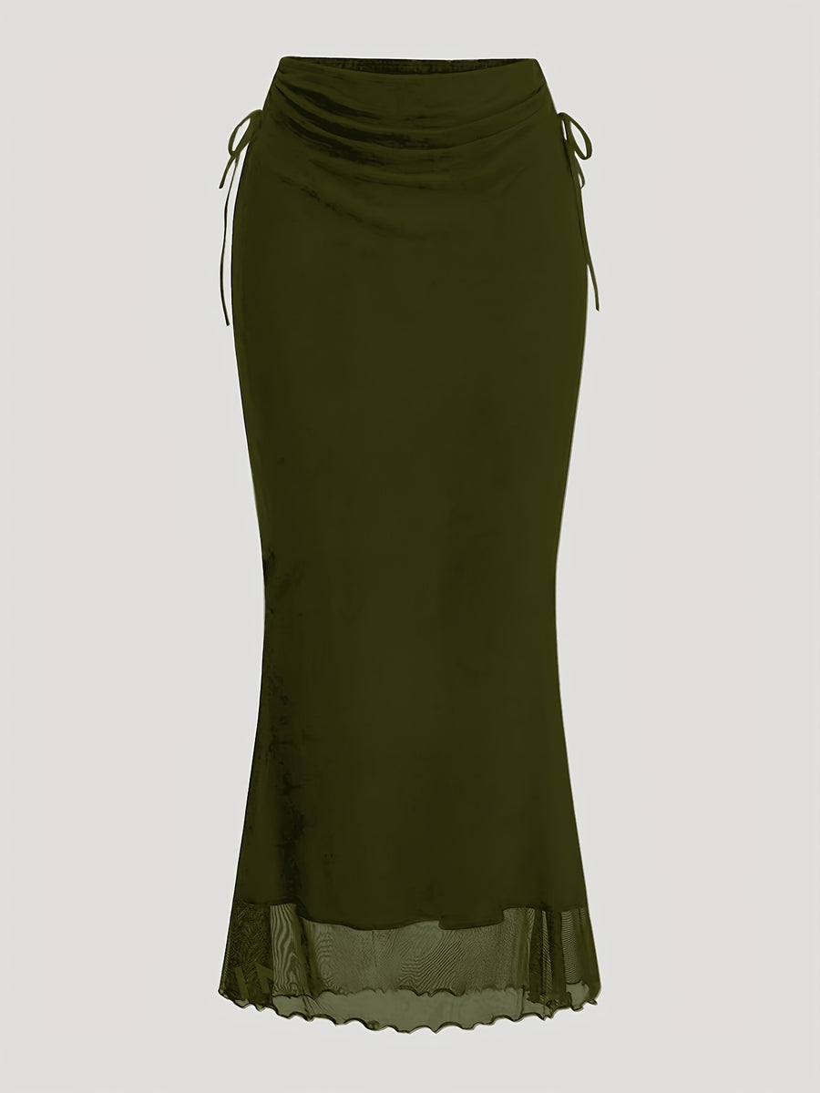 Women's Drawstring Mesh Midi Skirt - Military Green