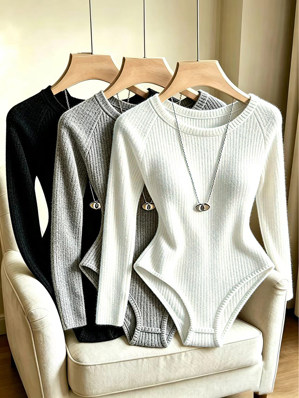 3pcs Women'S Elegant Ribbed Brushed Long Sleeve Jumpsuit, High-Stretch Round Neck Ribbed Top - Black+white+gray