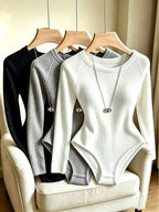 3pcs Women'S Elegant Ribbed Brushed Long Sleeve Jumpsuit, High-Stretch Round Neck Ribbed Top - Black+white+gray