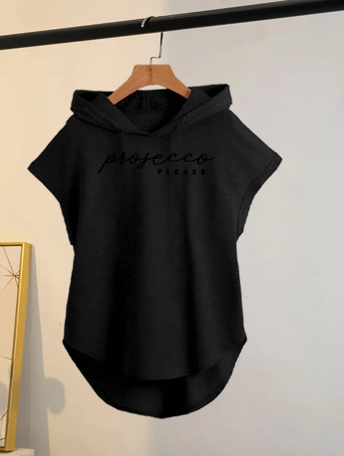 1pc Fashionable Women'S Elegant Street Style Artistic Letter Pattern Printed Hooded Batwing Sleeve Vest, Multi-Size Available, Multiple Colors, Casual Fit, Casual Wear, Stretch Fabric - Black