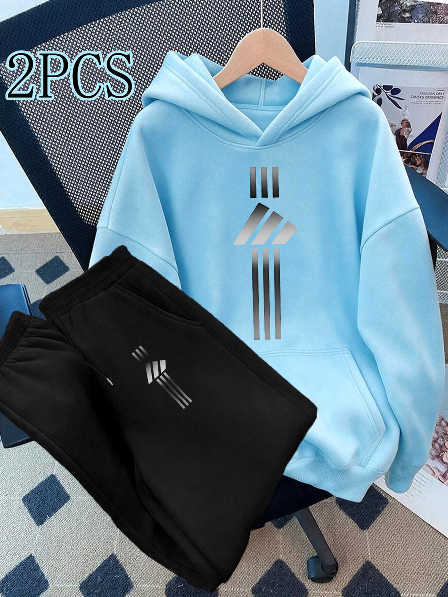 2pcs Value Pack: Stylish and Elegant Y2K Style Sportswear for Women, Suitable for Spring, Autumn, and Winter. Hooded -Lined Sweatshirt + -Lined Long Pants Set. 2pcs Outfit for Indoor and Outdoor Wear. Geometric Print Hooded Top and Long Pants Set. - Sky Blue+Black