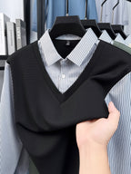Men's Stretch 2-in-1 Look Polo Long Sleeve Shirt, Striped Shirt Collar Patchwork Polo Top, Smooth, Fine, and Skin-Friendly Fabric, Business Commute, Business Trip, and Travel Top, Loose and Casual Men's Clothing for Daily Wear and Home - Black