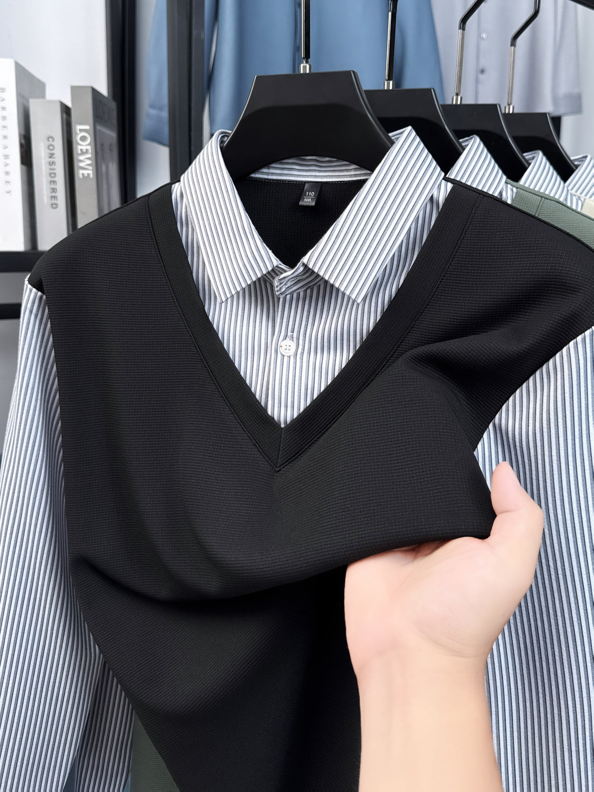 Men's Stretch 2-in-1 Look Polo Long Sleeve Shirt, Striped Shirt Collar Patchwork Polo Top, Smooth, Fine, and Skin-Friendly Fabric, Business Commute, Business Trip, and Travel Top, Loose and Casual Men's Clothing for Daily Wear and Home - Black
