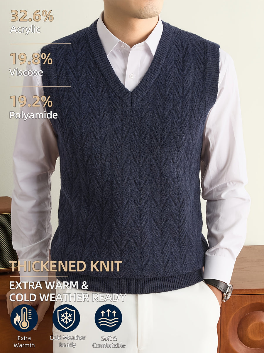 Men's Autumn & Winter Knitted Sweater Vest, Classic V-Neck with Raised Herringbone Texture, Thick & Warm, Timeless Refined Style for Work, Casual Wear, Outdoor Activities & Camping, Ideal Gift for Dad or Husband - Navy Color