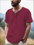 Men's Casual T-Shirt, Versatile Summer Short-Sleeve Top, Fashionable Solid Color Sweatshirt, Crew Neck with Drawstring Design - Lightweight and Breathable, Machine Washable, Suitable for Daily Wear and Outdoor Leisure - Burgundy