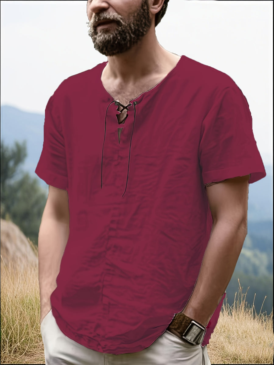 Men's Casual T-Shirt, Versatile Summer Short-Sleeve Top, Fashionable Solid Color Sweatshirt, Crew Neck with Drawstring Design - Lightweight and Breathable, Machine Washable, Suitable for Daily Wear and Outdoor Leisure - Burgundy