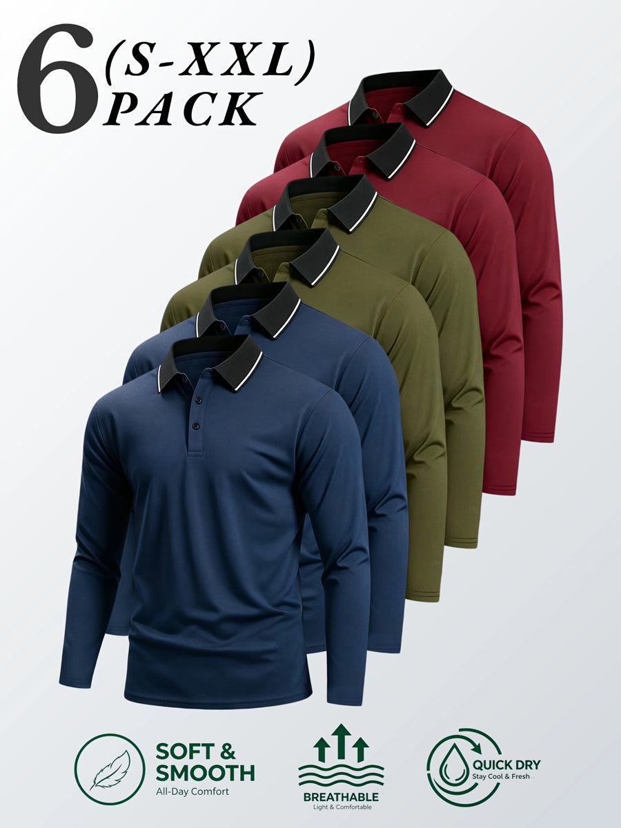 6pcs/Set Striped Lapel Long Sleeve Casual Sports Mesh Quick-Dry Breathable Comfortable POLO Shirt Basic Solid Color - Navy Blue 2+Green 2+Red 2