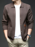 [Wading Whale OBM] Spring/Summer New Men'S Knit Cardigan, Old Money Style Solid Color V-Neck Long Sleeve Open Front Sweater Jacket with Single Button Closure And Side Pockets, Suitable for Spring And Autumn Layering Or Outerwear - Coffee Color