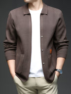 [Wading Whale OBM] Spring/Summer New Men'S Knit Cardigan, Old Money Style Solid Color V-Neck Long Sleeve Open Front Sweater Jacket with Single Button Closure And Side Pockets, Suitable for Spring And Autumn Layering Or Outerwear - Coffee Color