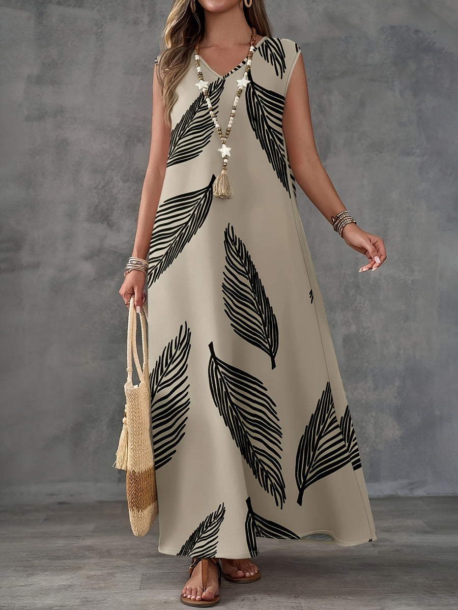 Women's Leaf-pattern V-neck Long Dress, Suitable for Summer Wear - Khaki