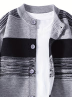 Men's New Autumn and Winter Single Breasted Round Neck Cardigan, Color Blocked Striped Cardigan, Fashionable and Versatile, Casual and Business Slim Fit, Long Sleeved, Skin Friendly, Comfortable and Warm, Youthful and Sporty Elastic Knitted Sweater - Grey