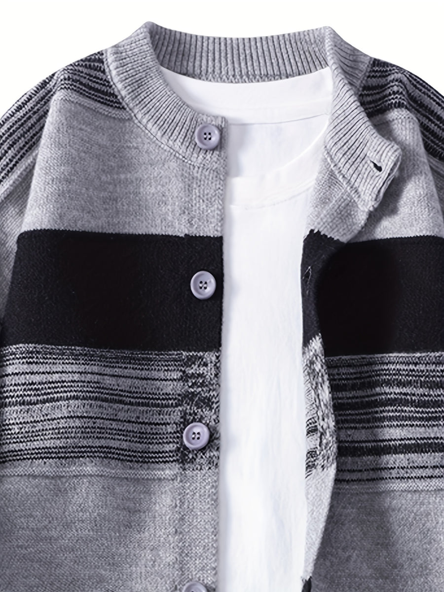 Men's New Autumn and Winter Single Breasted Round Neck Cardigan, Color Blocked Striped Cardigan, Fashionable and Versatile, Casual and Business Slim Fit, Long Sleeved, Skin Friendly, Comfortable and Warm, Youthful and Sporty Elastic Knitted Sweater - Grey