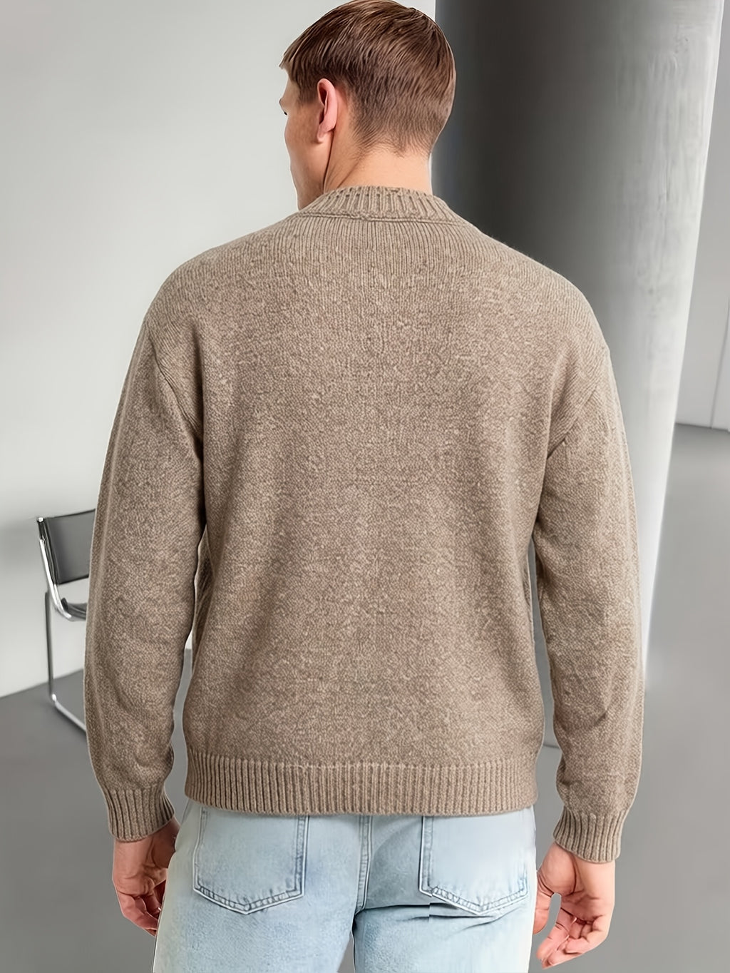 Men's New Autumn/Winter Trendy Versatile Warm Knit Sweater, Relaxed Casual Old Money Style 2-in-1 Look, Solid Color V-Neck Loose Knit Long-Sleeve Top for Work, School, Gatherings, Parties, Commuting, and Vacation Wear - Khaki