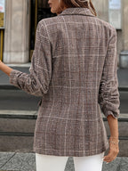 Plaid Mid-length Blazer with Relaxed Dropped Shoulders, a Trendy Style for Everyday Outings - Light Brown-1