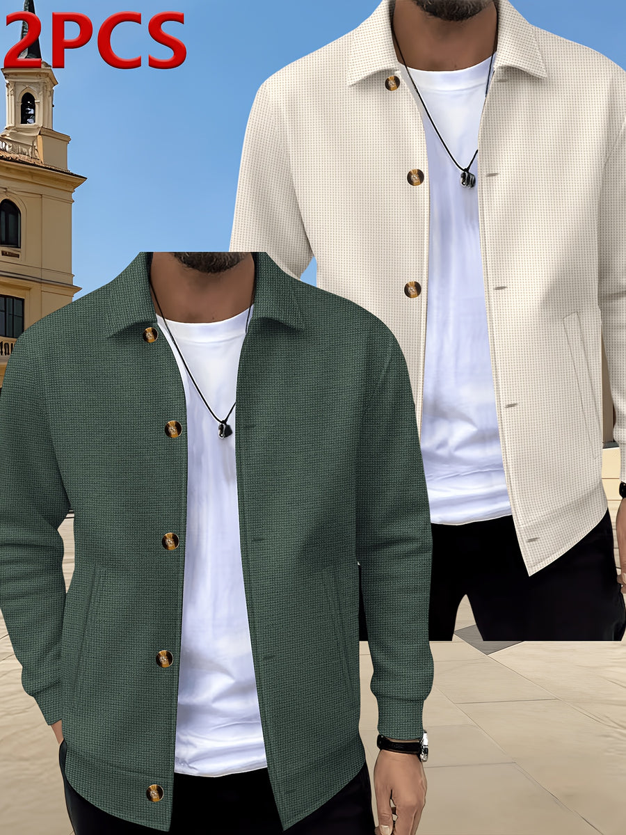 [Pearson OBM] Spring/Autumn Men'S Casual Knit Jacket, Waffle Collar Button-Up Cardigan Jacket, Daily Commute Versatile Men'S Wear 2pcs Set, 2026 New Style Fashionable Versatile Style - Green+Beige Color