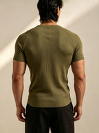 Men's Vertical Ribbed Pin Stripe Henley Neck Short Sleeve T-Shirt, Slim Fit Muscle-Defining Shaping Top, Stretchy Breathable Ribbed Raglan Sleeve Knitwear, Versatile Henley Shirt for Fitness, Commuting, and Daily Wear - Olive Green
