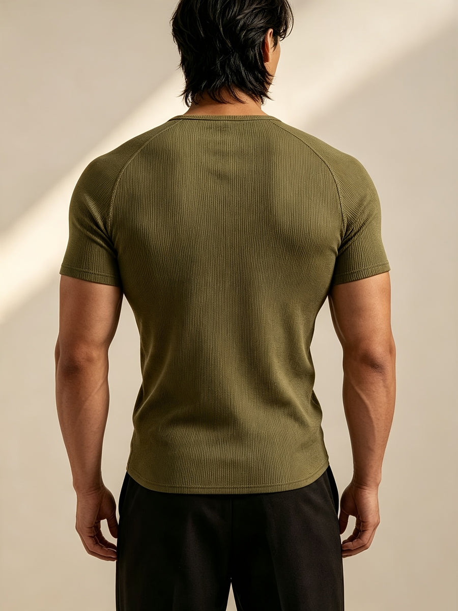 Men's Vertical Ribbed Pin Stripe Henley Neck Short Sleeve T-Shirt, Slim Fit Muscle-Defining Shaping Top, Stretchy Breathable Ribbed Raglan Sleeve Knitwear, Versatile Henley Shirt for Fitness, Commuting, and Daily Wear - Olive Green