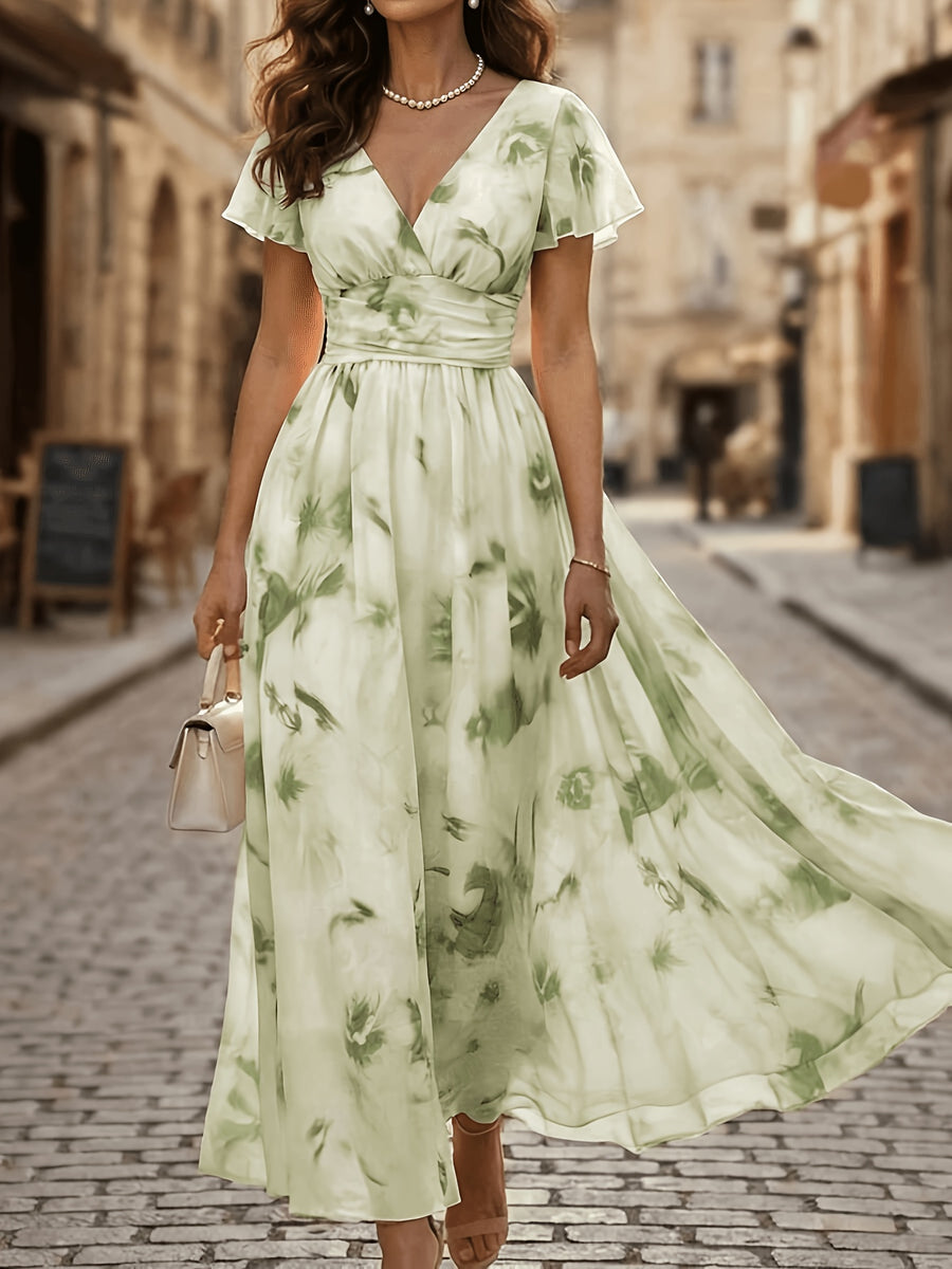 Women's Elegant V-Neck Floral Print Maxi Dress with Ruffle Sleeves, Casual Waist, for Leisure and Vacation, ZLLZ - Light Green