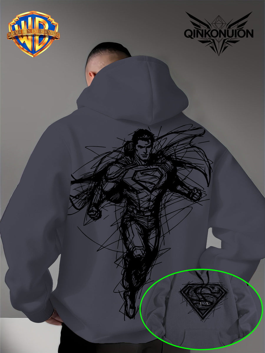 Warner Official Men'S Hooded Sweatshirt, Featuring Sketch Lines, Superhuman Flight, Dynamic And Cool Print Design, Machine Washable, Warm And Casual for Autumn And Winter, Daily Drawstring Hoodie, Multifunctional Sports And Casual Loose Fit - Dark Gray