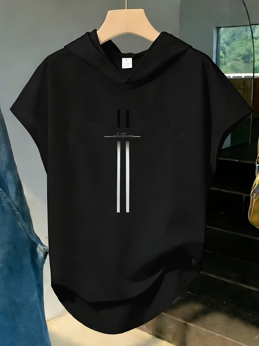 Letter Line Print Sports Casual Style Women'S Clothing Hooded Loose Design Soft And Comfortable Top Elegant Fashionable T-Shirt Hooded Short Sleeves Suitable for Spring, Summer, Autumn And Winter - Black