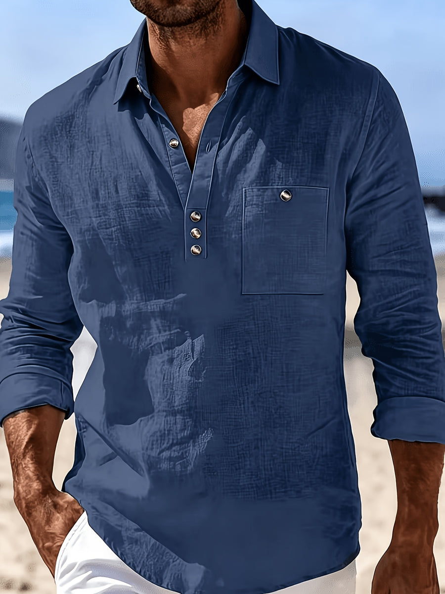 Men'S Fashion Lapel Breathable Comfortable Casual Long Sleeve Shirt - Navy Color