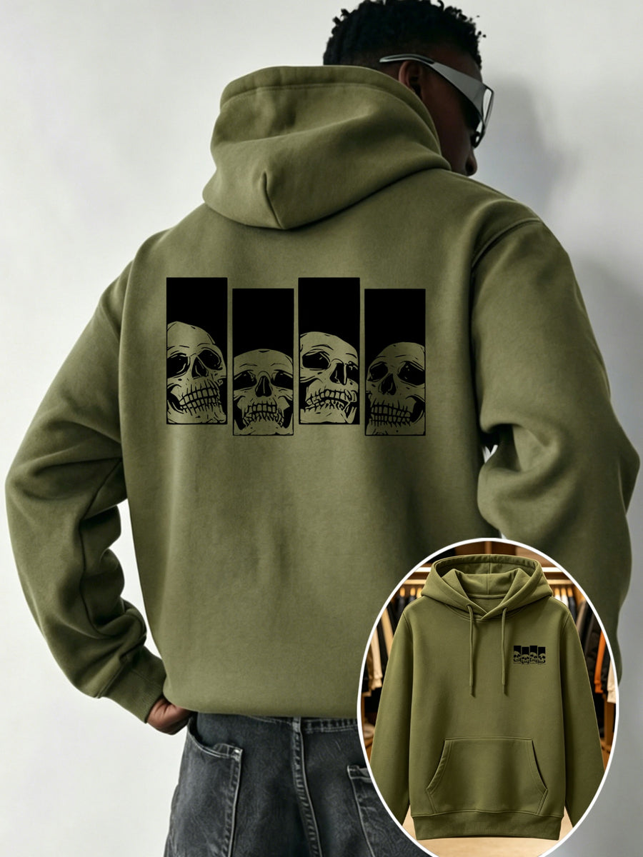 Modern Design Versatile and Stylish Men's Sports Hooded Sweatshirt - Daily Comfort - Casual Long-Sleeve Hoodie, Skull Vintage Arrangement Print, Men's Summer Essential, Comfortable Pattern Print Style, Multi-Scene Wear, First Choice for Fitness - Tactical Green