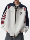 Men's Preppy Style Jacket, American Striped Color-Block Stand Collar Cardigan Sweatshirt, Men's Streetwear Brand, Loose Fit Casual Spring/Autumn Couple's Sport Jacket - Grey