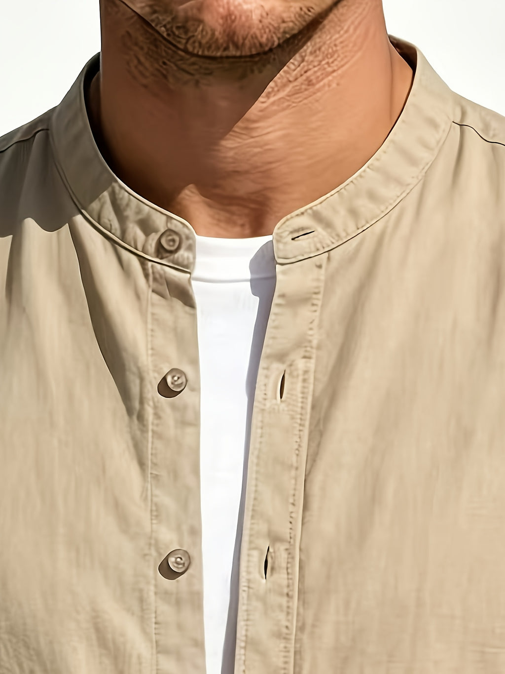 Men's Casual Stand up Collar Long Sleeved Shirt, Simple Solid Color Versatile, Suitable for Both Business and Leisure, Daily Commuting Outerwear - Khaki