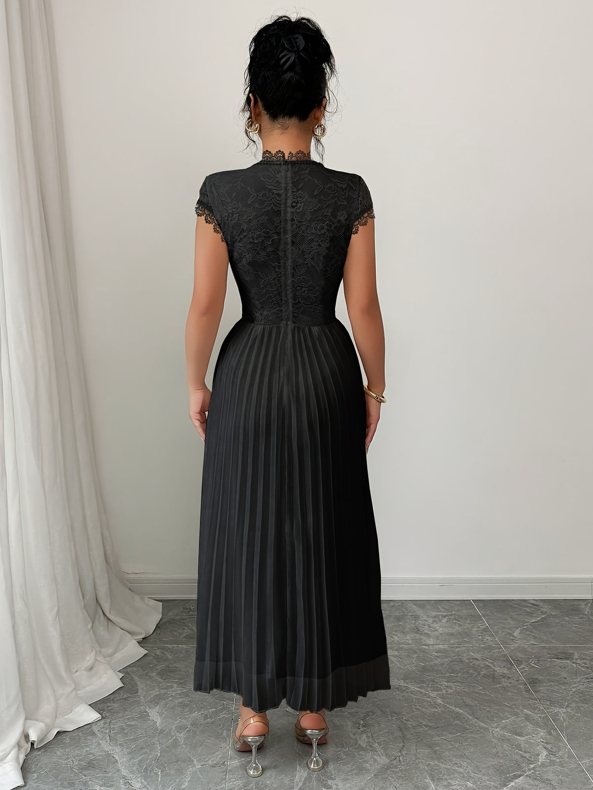 Women'S Elegant Summer Floral Lace Patchwork Pleated Maxi Dress - Black