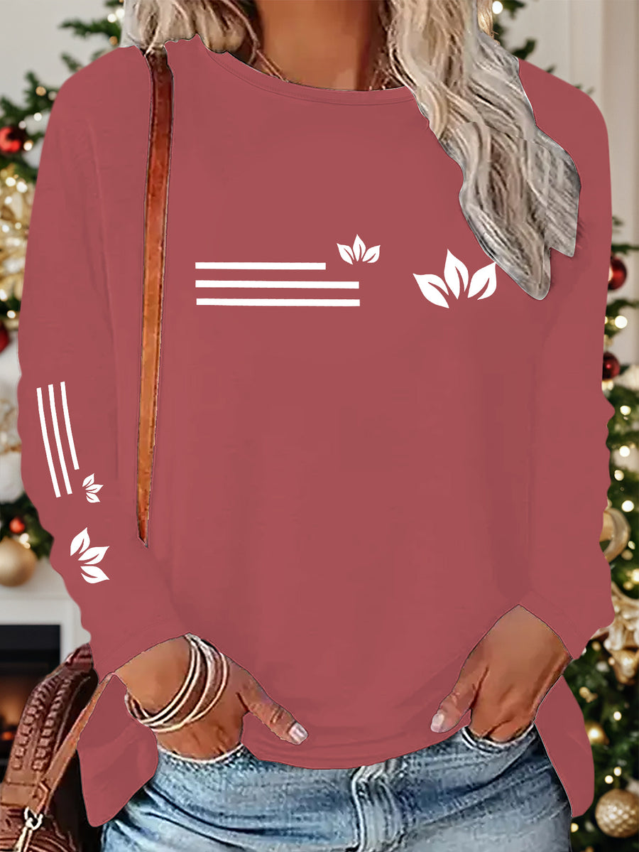 1pc Petal Pattern Striped Print New Y2K Style Women'S Elegant Autumn Winter Casual Athletic Long Sleeve Single Sleeve Comfortable Breathable Top - Brick Red